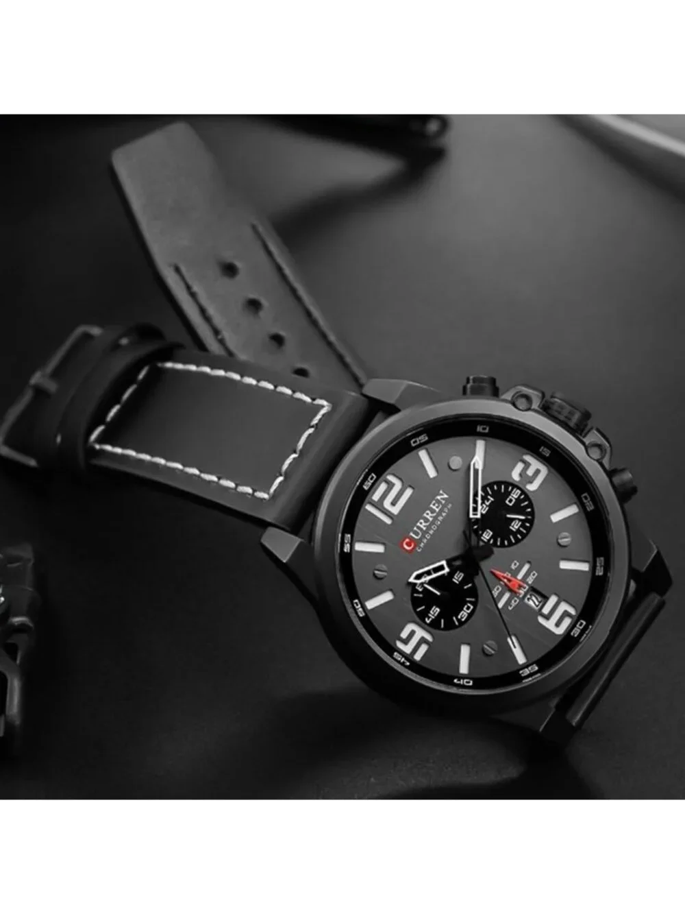 Men's Black Analog Quartz Leather Strap Sandwich Dial Chronograph Wrist Watch